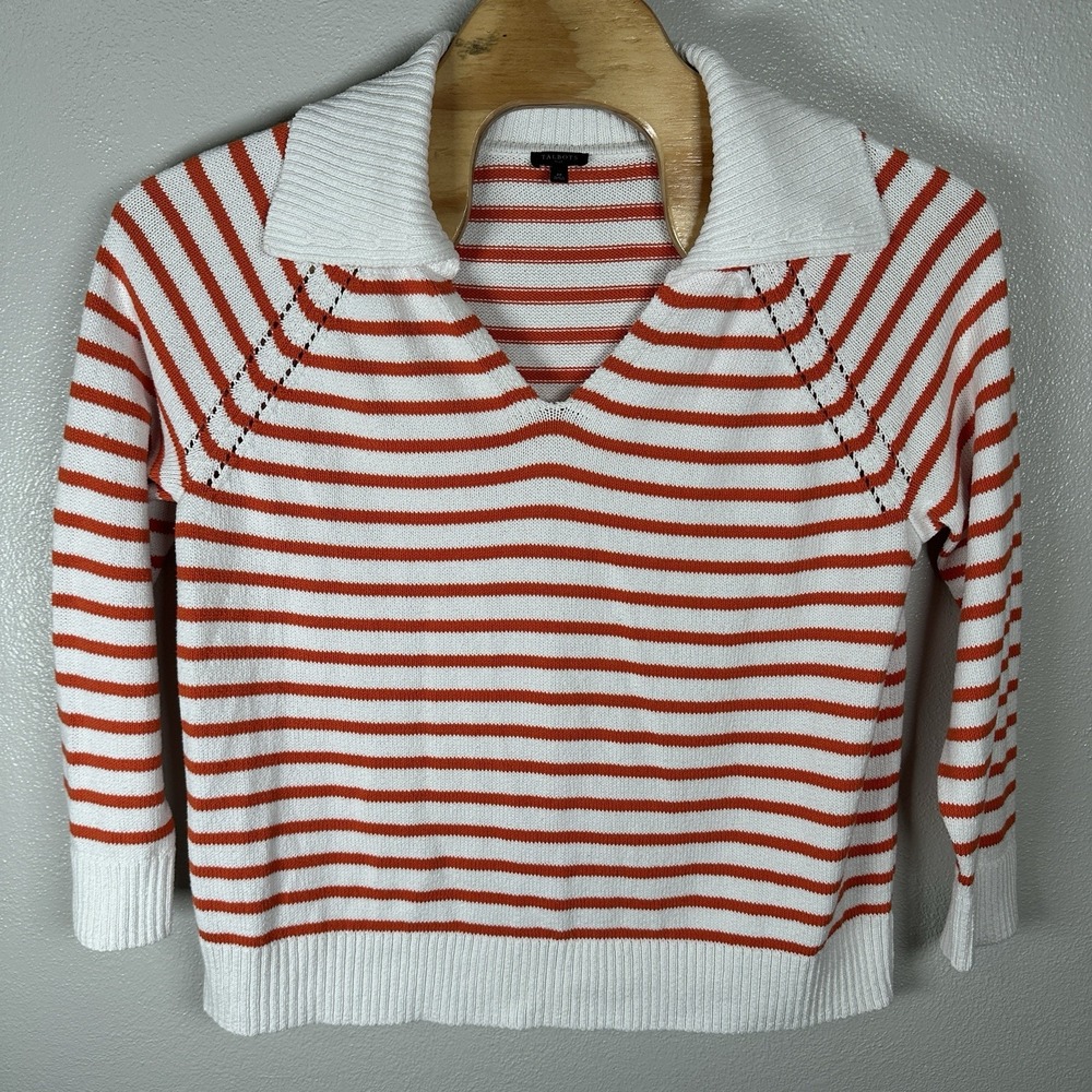 Talbots Johnny Collar Pullover Sweater Womens Size 2X Orange Stripe Cotton Blend
